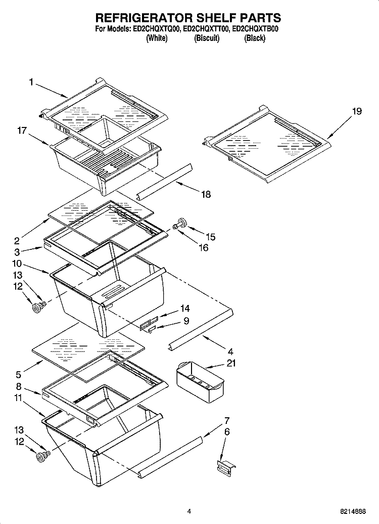 REFRIGERATOR SHELF PARTS Diagram and Parts List for ED2CHQXTT00  Whirlpool Refrigerator