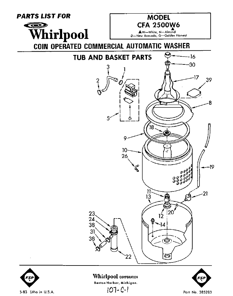 TUB AND BASKET Diagram and Parts List for CFA2500W6  Whirlpool Washer
