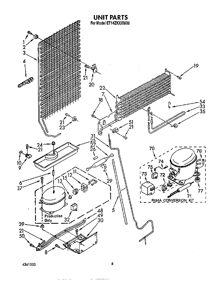UNIT Diagram and Parts List for ET14ZKXXG00  Whirlpool Refrigerator