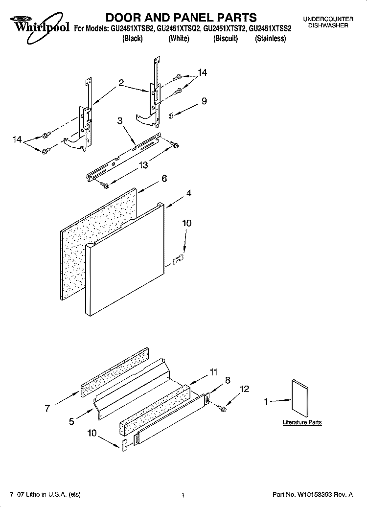 DOOR AND PANEL PARTS Diagram and Parts List for GU2451XTST2  Whirlpool Dishwasher