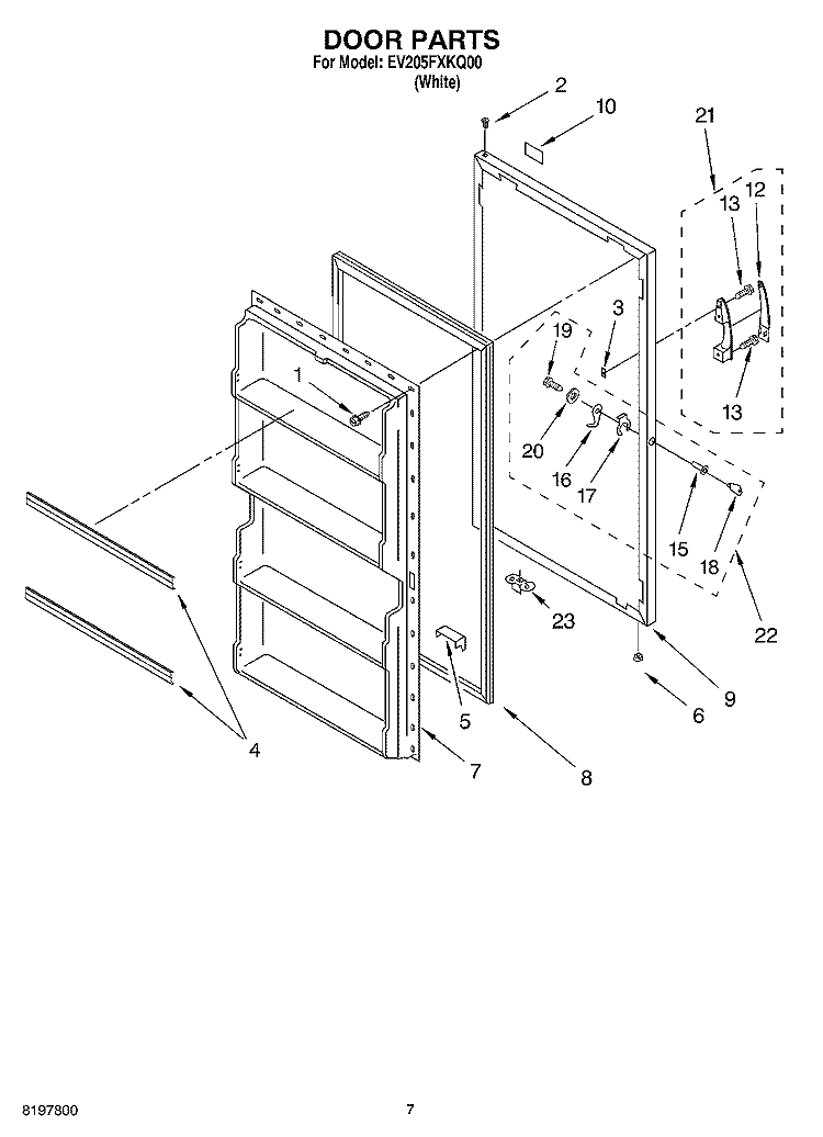 DOOR Diagram and Parts List for EV205FXKQ00  Whirlpool Freezer