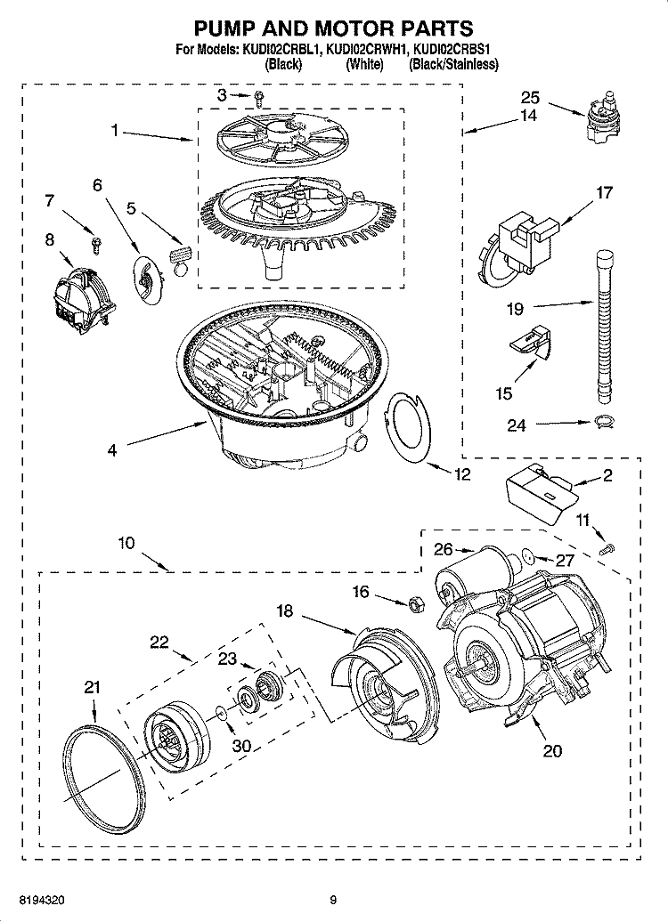 PUMP AND MOTOR PARTS Diagram and Parts List for KUDI02CRBL1  KitchenAid Dishwasher