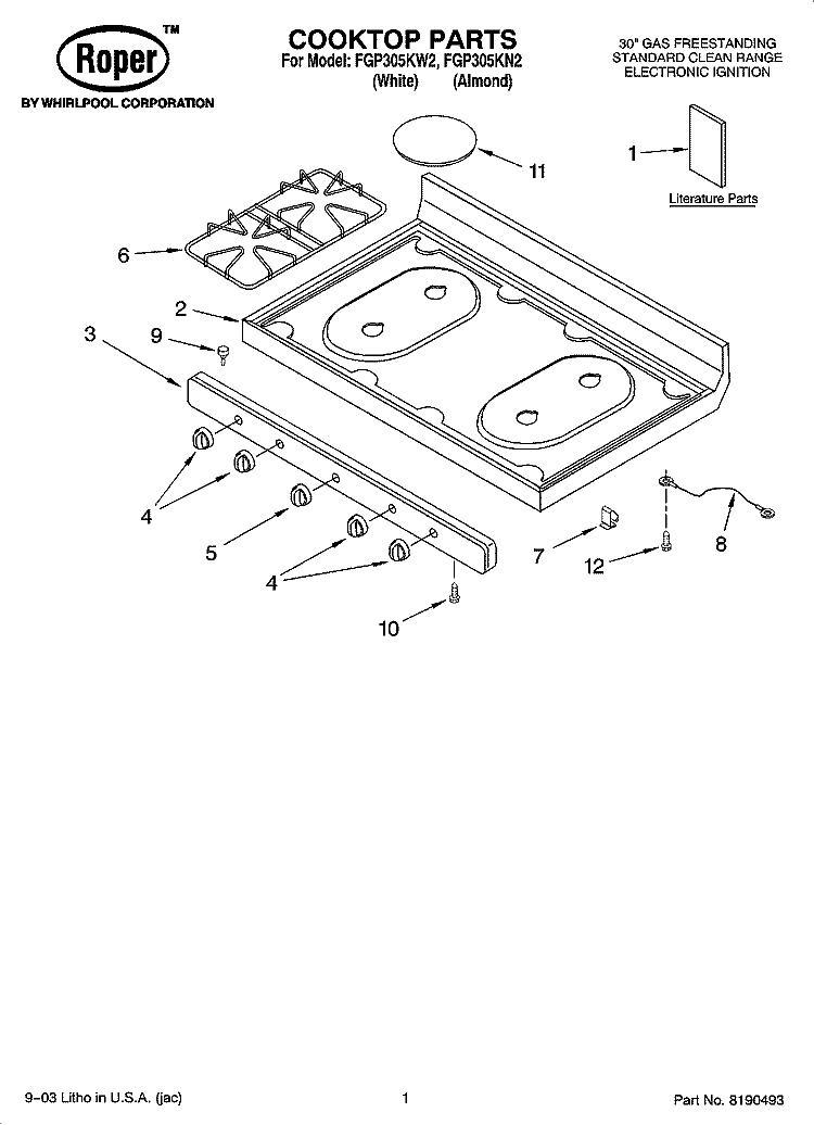 COOKTOP PARTS Diagram and Parts List for FGP305KW2  Roper Range