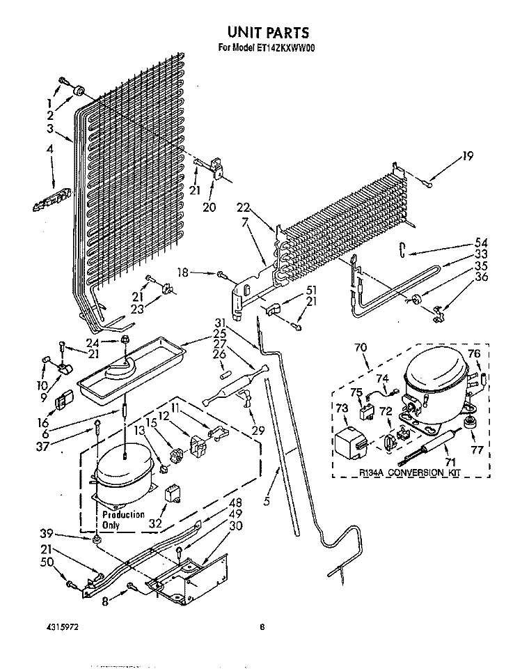 UNIT Diagram and Parts List for ET14ZKXWN00  Whirlpool Refrigerator