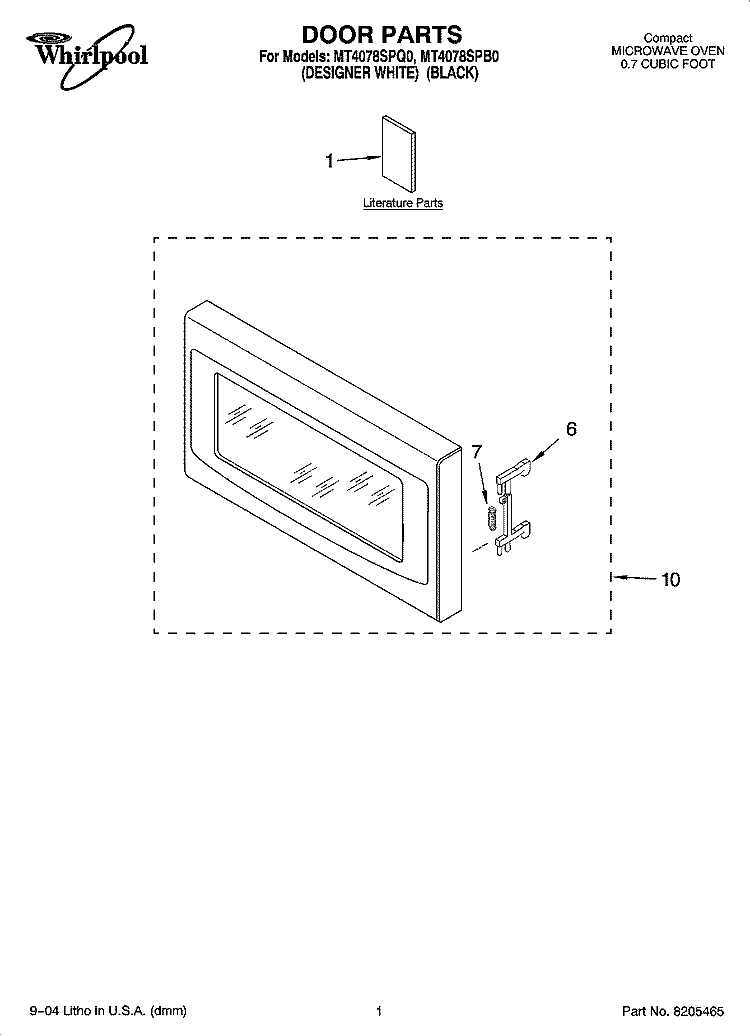 DOOR PARTS Diagram and Parts List for MT4078SPQ0  Whirlpool Microwave