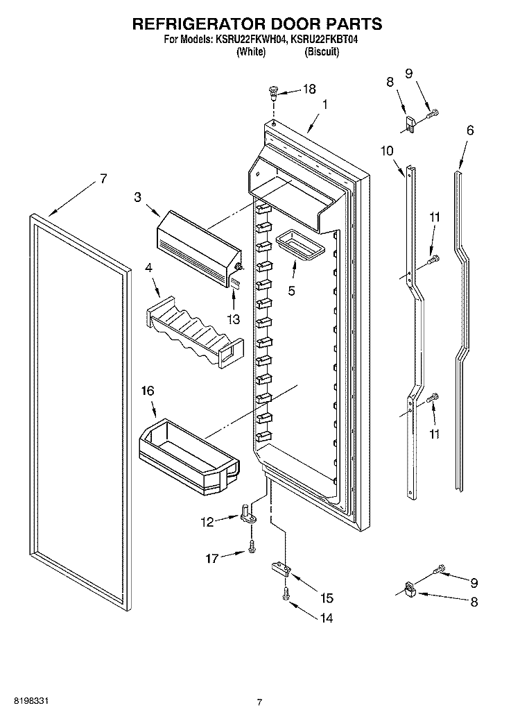 REFRIGERATOR DOOR Diagram and Parts List for KSRU22FKWH04  KitchenAid Refrigerator