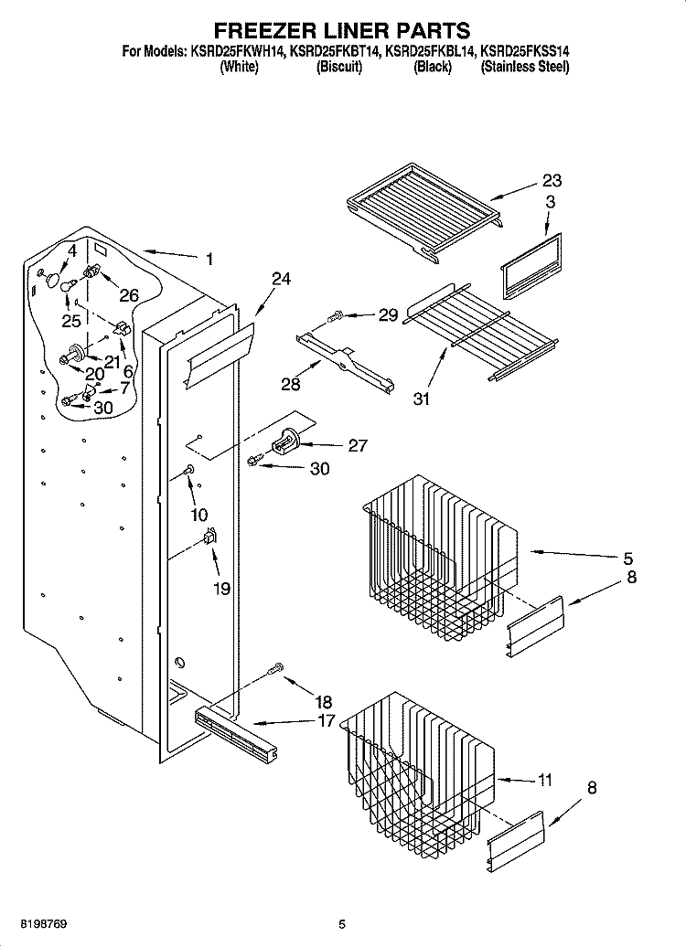 FREEZER LINER PARTS Diagram and Parts List for KSRD25FKBL14  KitchenAid Refrigerator