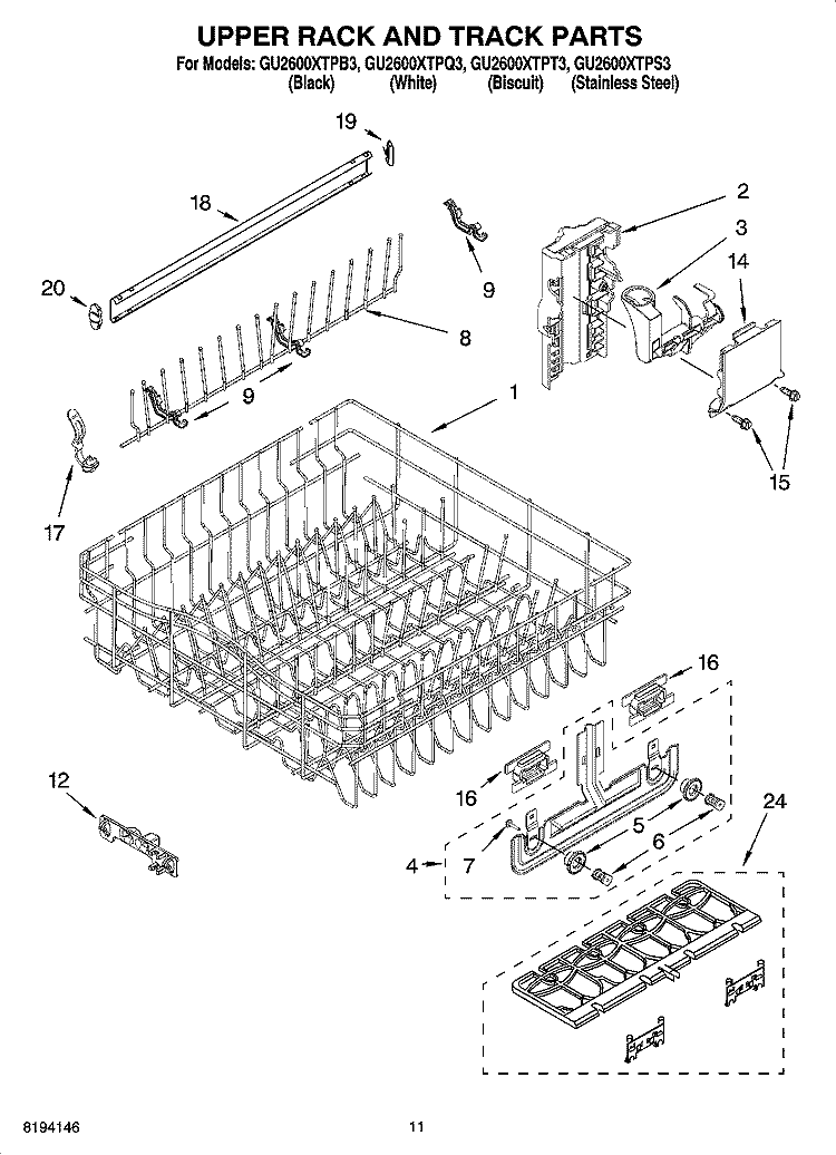 UPPER RACK AND TRACK PARTS Diagram and Parts List for GU2600XTPB3  Whirlpool Dishwasher