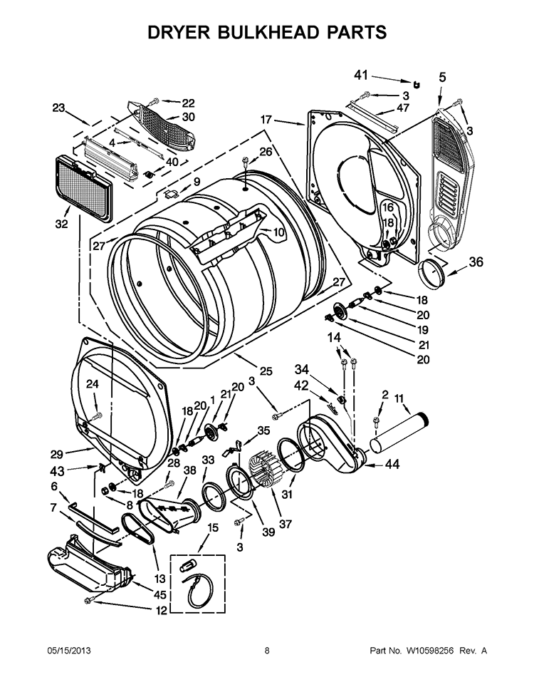 DRYER BULKHEAD PARTS Diagram and Parts List for WGT3300XQ2  Whirlpool Washer Dryer Combo