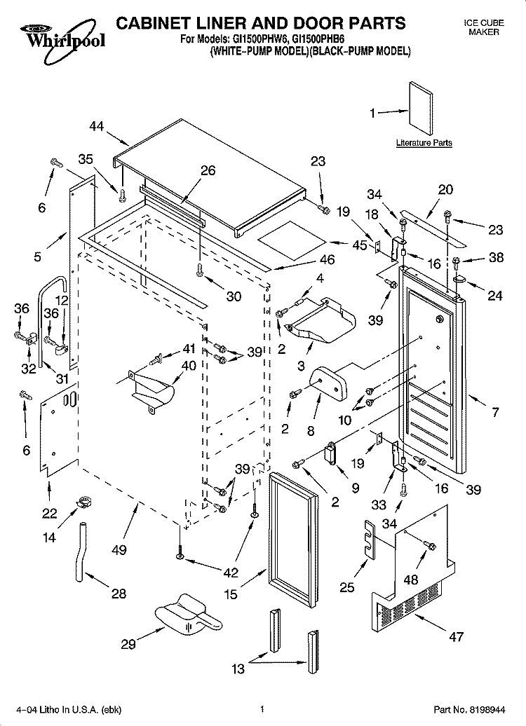 CABINET LINER AND DOOR PARTS Diagram and Parts List for GI1500PHB6  Whirlpool Ice Maker