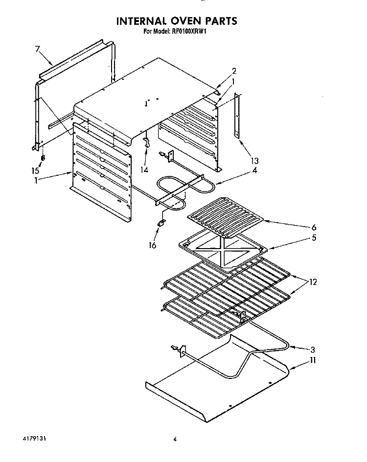 INTERNAL OVEN Diagram and Parts List for RF0100XRW1  Whirlpool Range