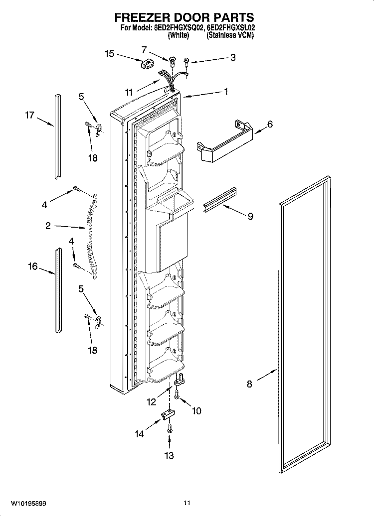 FREEZER DOOR PARTS Diagram and Parts List for 6ED2FHGXSQ02  Whirlpool Refrigerator