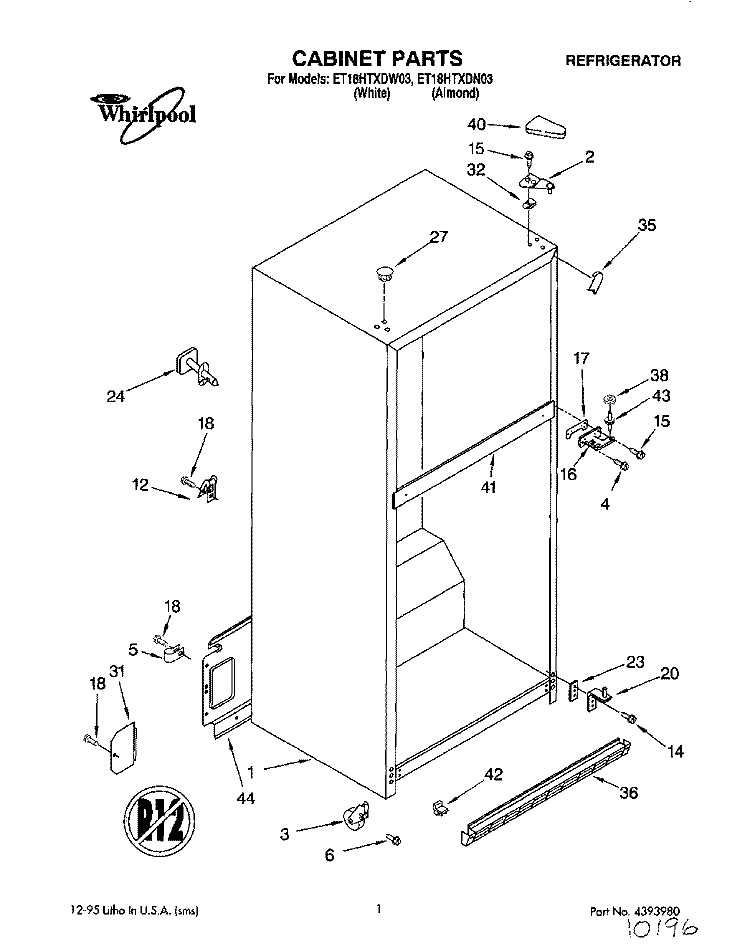 CABINET Diagram and Parts List for ET18HTXDN03  Whirlpool Refrigerator