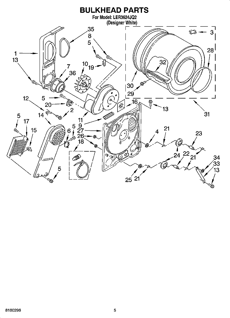 BULKHEAD PARTS Diagram and Parts List for LER3624JQ2  Whirlpool Dryer