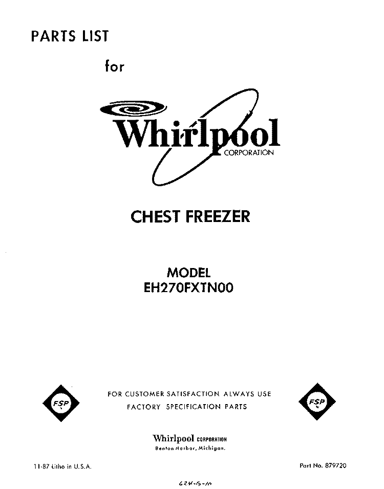 SECTION Diagram and Parts List for EH270FXTN00  Whirlpool Freezer