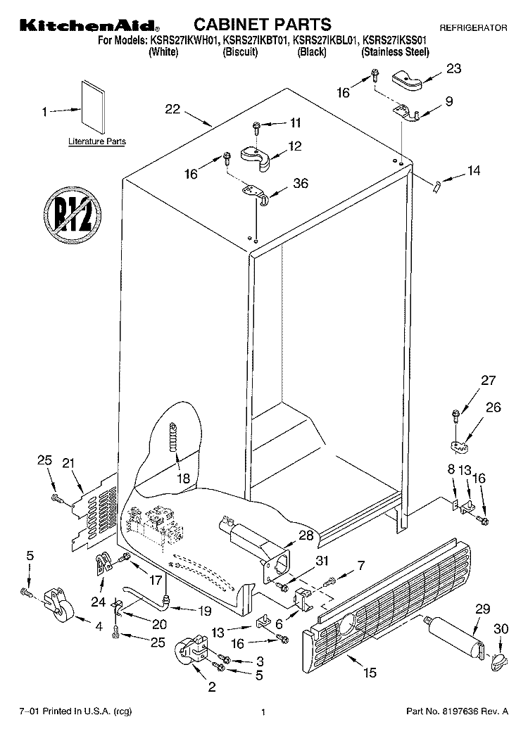 CABINET, LITERATURE Diagram and Parts List for KSRS27IKBL01  KitchenAid Refrigerator