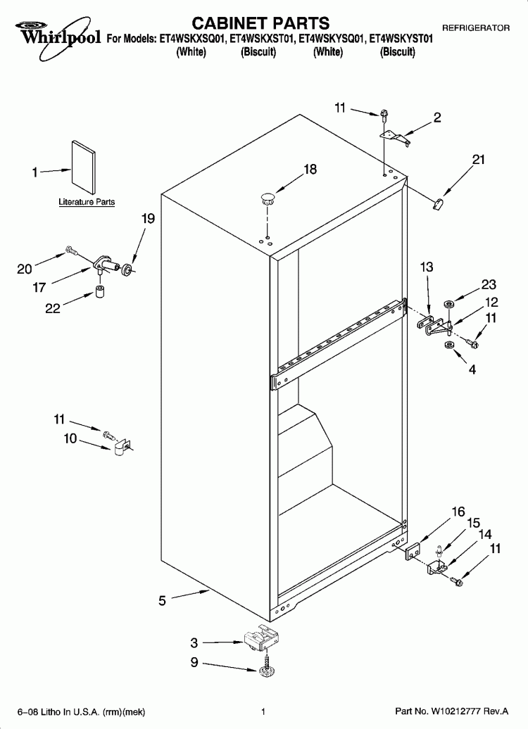 CABINET PARTS Diagram and Parts List for ET4WSKXST01  Whirlpool Refrigerator