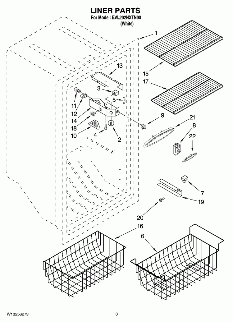 LINER PARTS Diagram and Parts List for EVL202NXTN00  Whirlpool Freezer