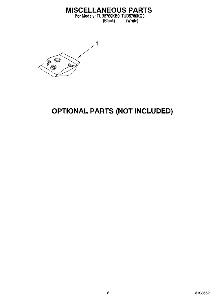 MISCELLANEOUS, OPTIONAL Diagram and Parts List for TUD5700KQ0  Estate Dishwasher