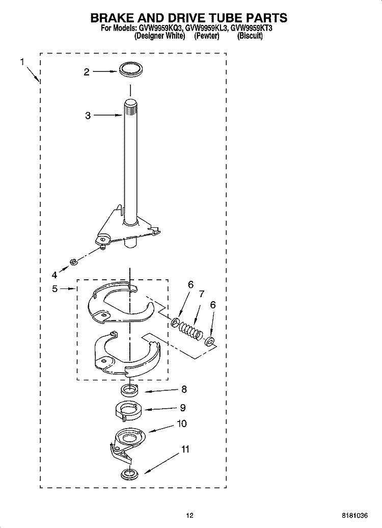BRAKE AND DRIVE TUBE PARTS Diagram and Parts List for GVW9959KL3  Whirlpool Washer