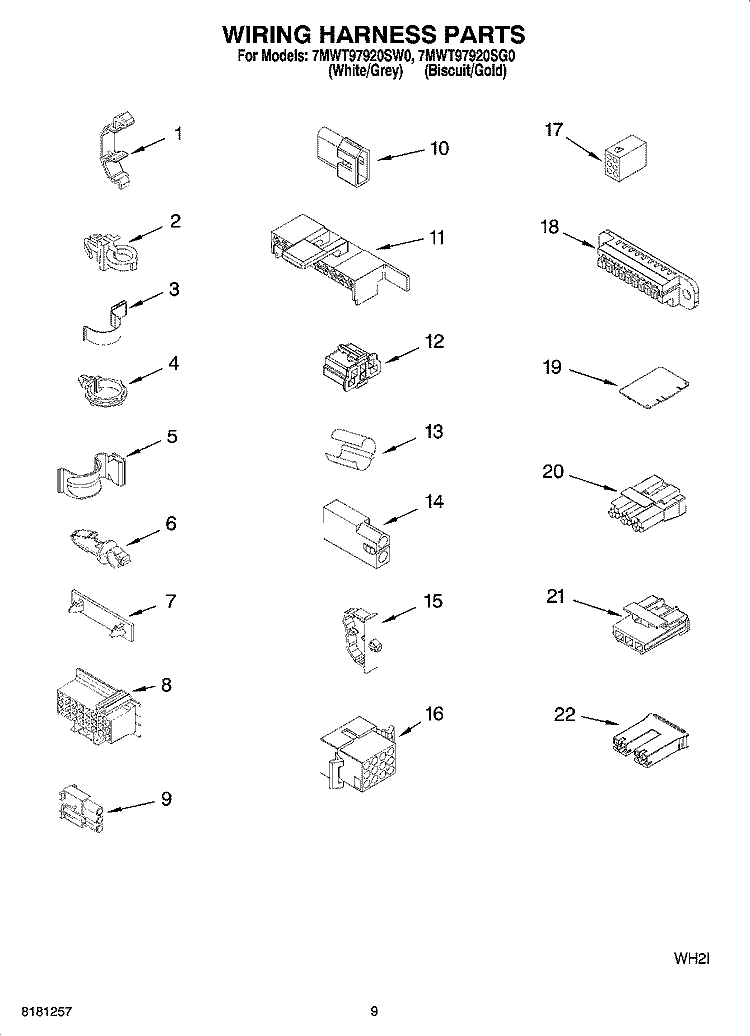 WIRING HARNESS PARTS Diagram and Parts List for 7MWT97920SW0  Whirlpool Washer