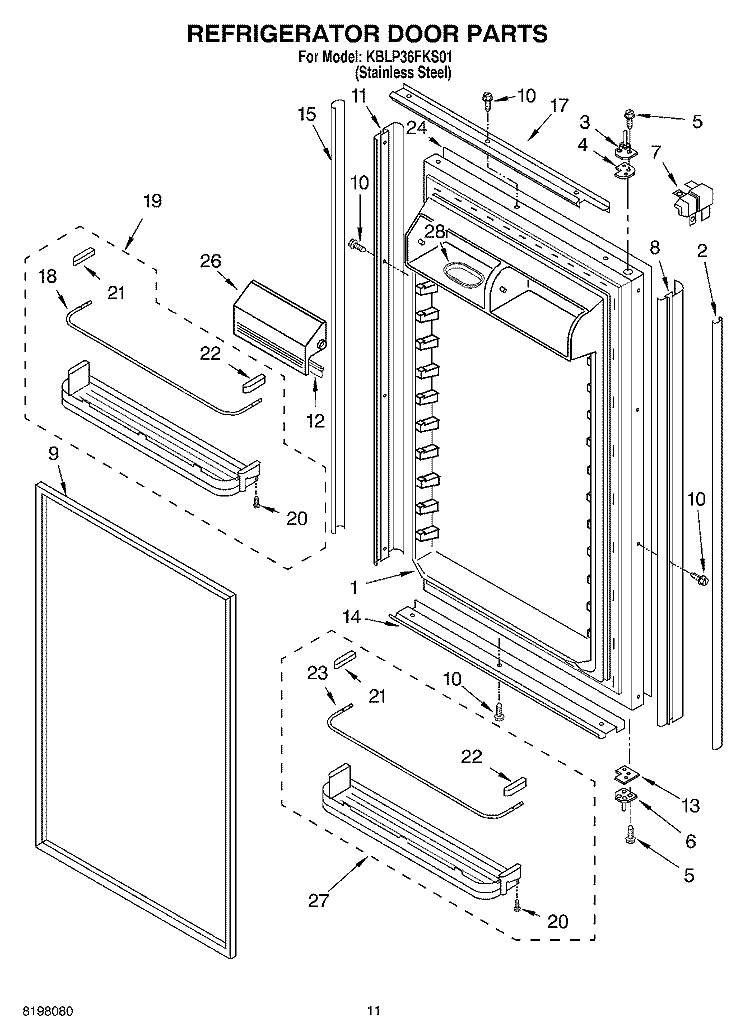 REFRIGERATOR DOOR Diagram and Parts List for KLBP36FKS01  KitchenAid Refrigerator