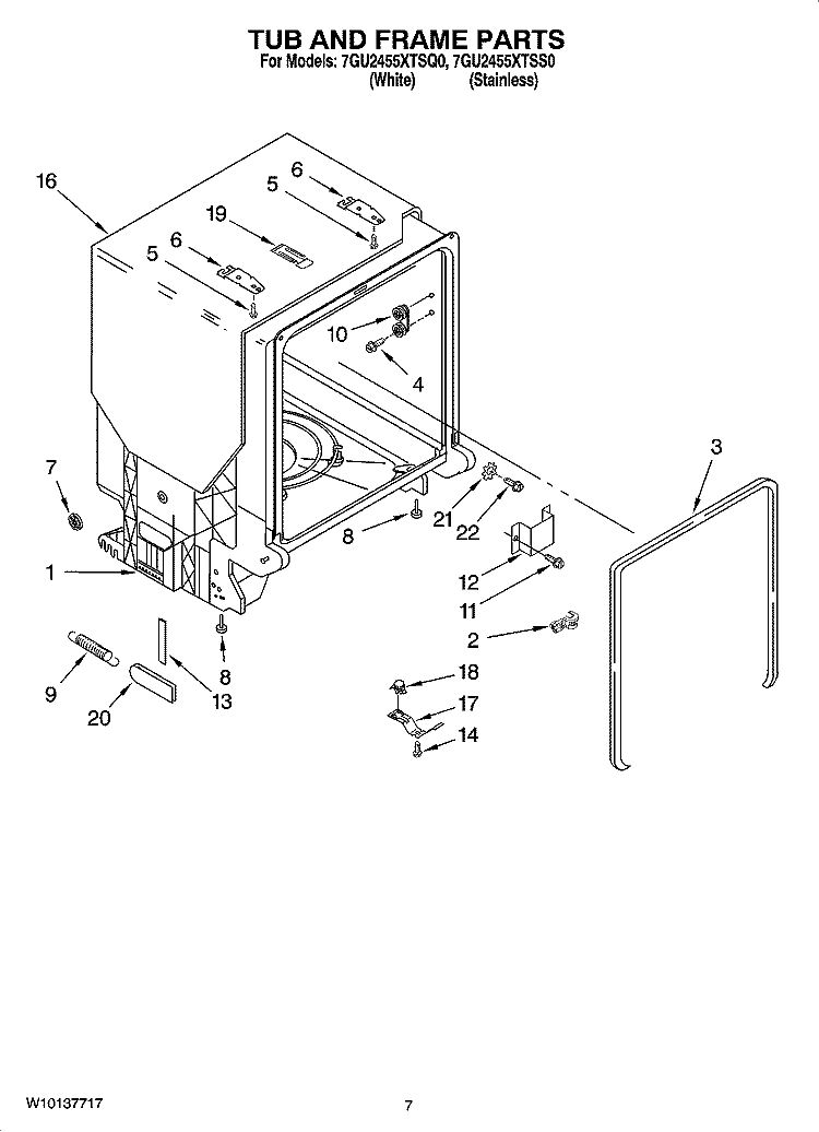 TUB AND FRAME PARTS Diagram and Parts List for 7GU2455XTSQ0  Whirlpool Dishwasher