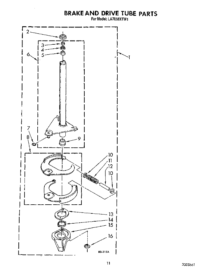BRAKE AND DRIVE TUBE Diagram and Parts List for LA7088XTF1  Whirlpool Washer