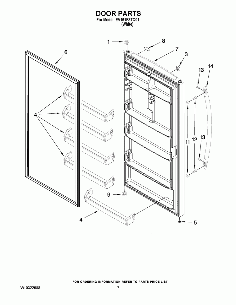 DOOR PARTS Diagram and Parts List for EV161FZTQ01  Whirlpool Freezer