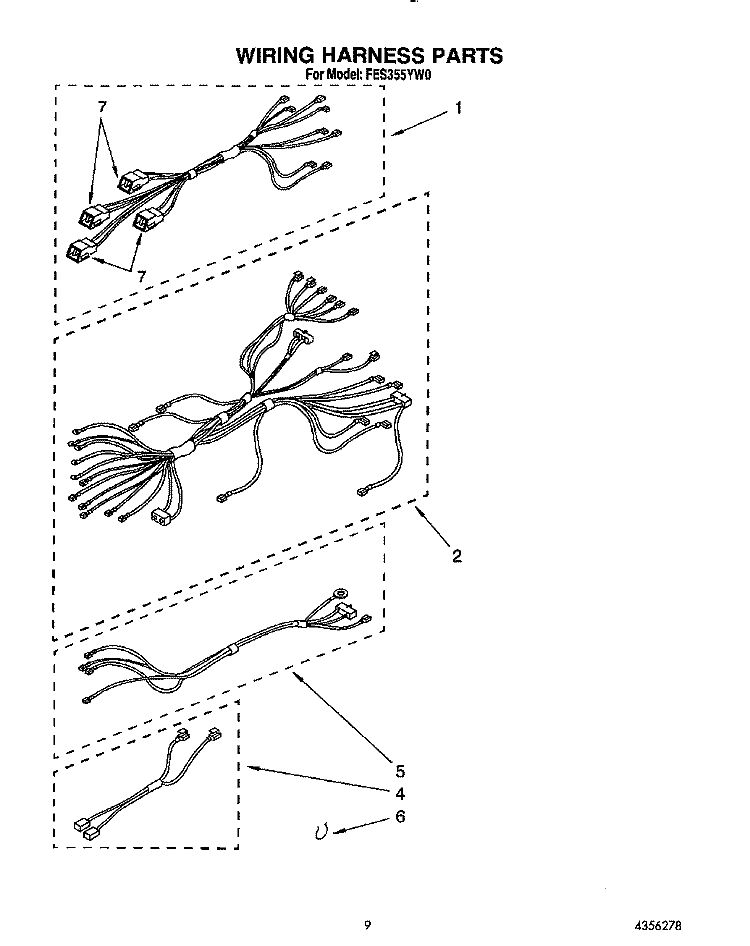 WIRING HARNESS Diagram and Parts List for FES355YW0  Roper Range
