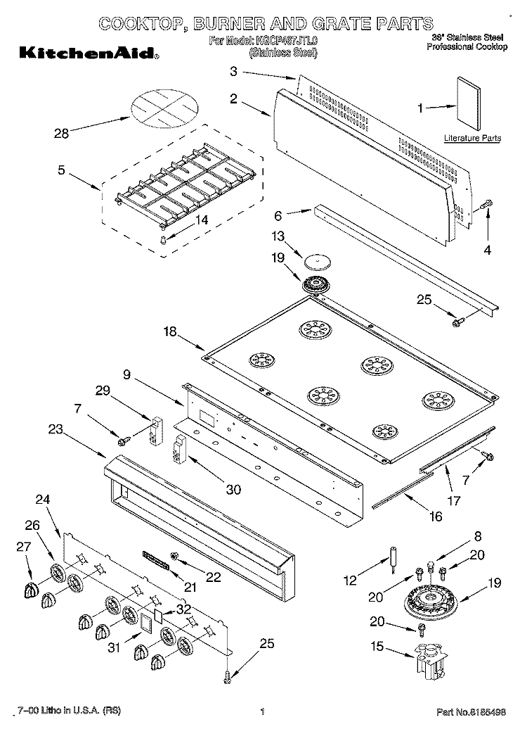 COOKTOP, BURNER AND GRATE PARTS Diagram and Parts List for KGCP467JTL0  KitchenAid Cooktop