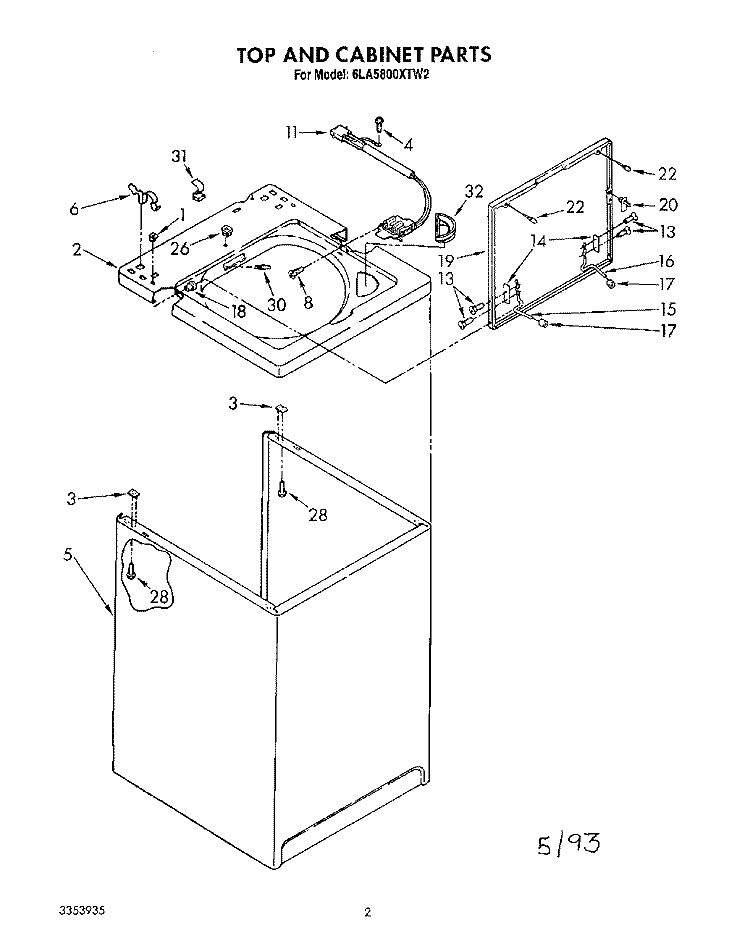 TOP AND CABINET, LIT/OPTIONAL Diagram and Parts List for 6LA5800XTW2  Whirlpool Washer