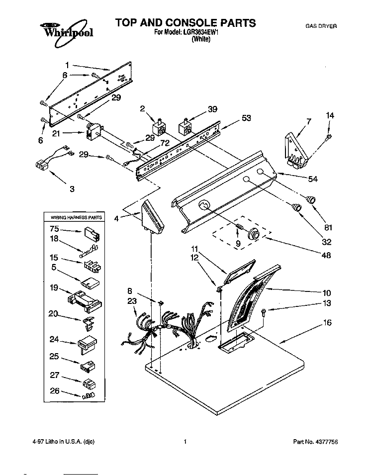 TOP AND CABINET, LIT/OPTIONAL Diagram and Parts List for LGR3634EW1  Whirlpool Dryer