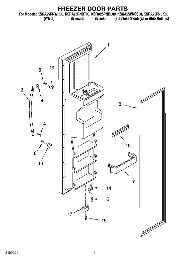 FREEZER DOOR PARTS Diagram and Parts List for KSRA25PNBT00  KitchenAid Refrigerator