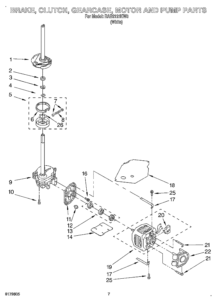 BRAKE, CLUTCH, GEARCASE, MOTOR AND PUMP Diagram and Parts List for RAB2121KW0  Roper Washer