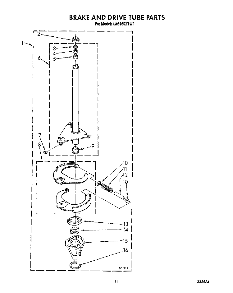 BRAKE AND DRIVE TUBE Diagram and Parts List for LA5460XTW1  Whirlpool Washer