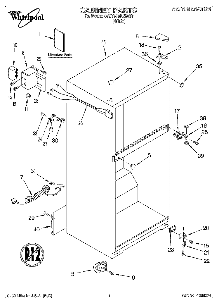 CABINET, LITERATURE Diagram and Parts List for 4VET18GKGW00  Whirlpool Refrigerator