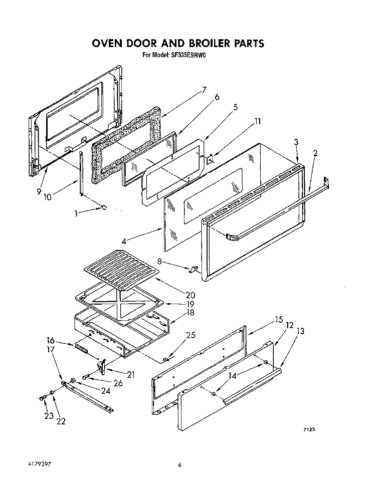 OVEN DOOR AND BROILER Diagram and Parts List for SF335ESRW1  Whirlpool Range
