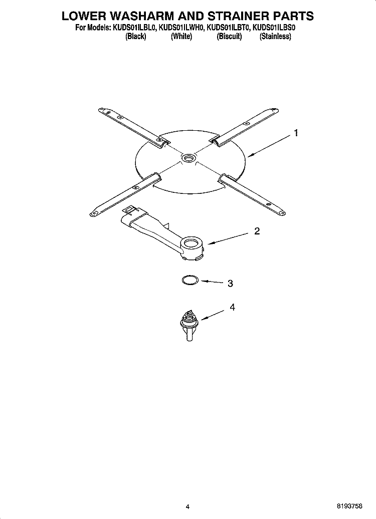 LOWER WASHARM AND STRAINER PARTS Diagram and Parts List for KUDS01ILWH0  KitchenAid Dishwasher