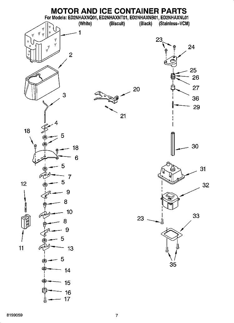 MOTOR AND ICE CONTAINER PARTS Diagram and Parts List for ED2NHAXNT01  Whirlpool Refrigerator