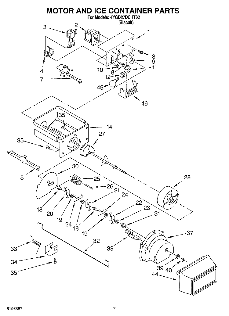 MOTOR AND ICE CONTAINER Diagram and Parts List for 4YGD27DCHT02  Whirlpool Refrigerator