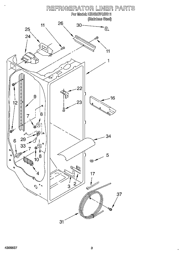 REFRIGERATOR LINER Diagram and Parts List for KSRS27FGSS11  KitchenAid Refrigerator