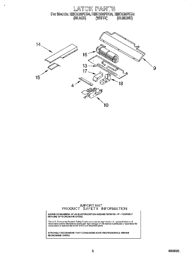 LATCH Diagram and Parts List for RMC305PDQ4  Whirlpool Microwave Oven Combo