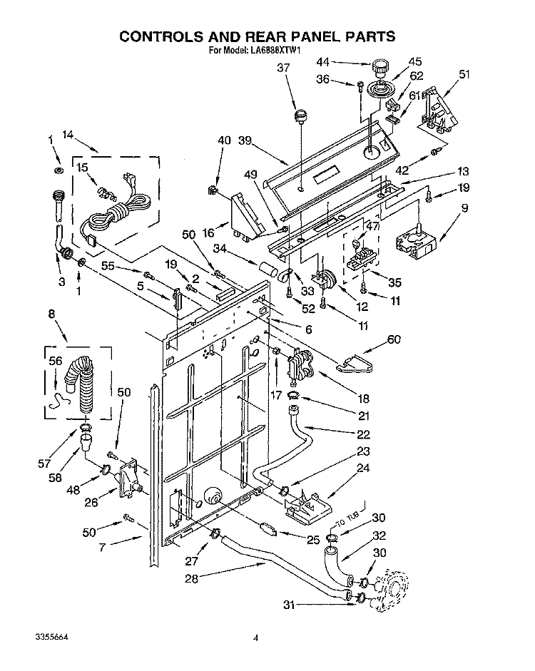 CONTROLS AND REAR PANEL Diagram and Parts List for LA6888XTG1  Whirlpool Washer