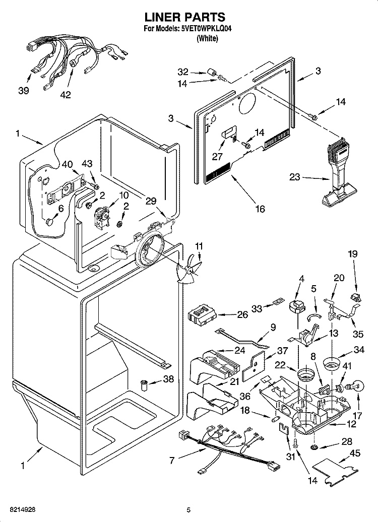 LINER PARTS Diagram and Parts List for 5VET0WPKLQ04  Whirlpool Refrigerator