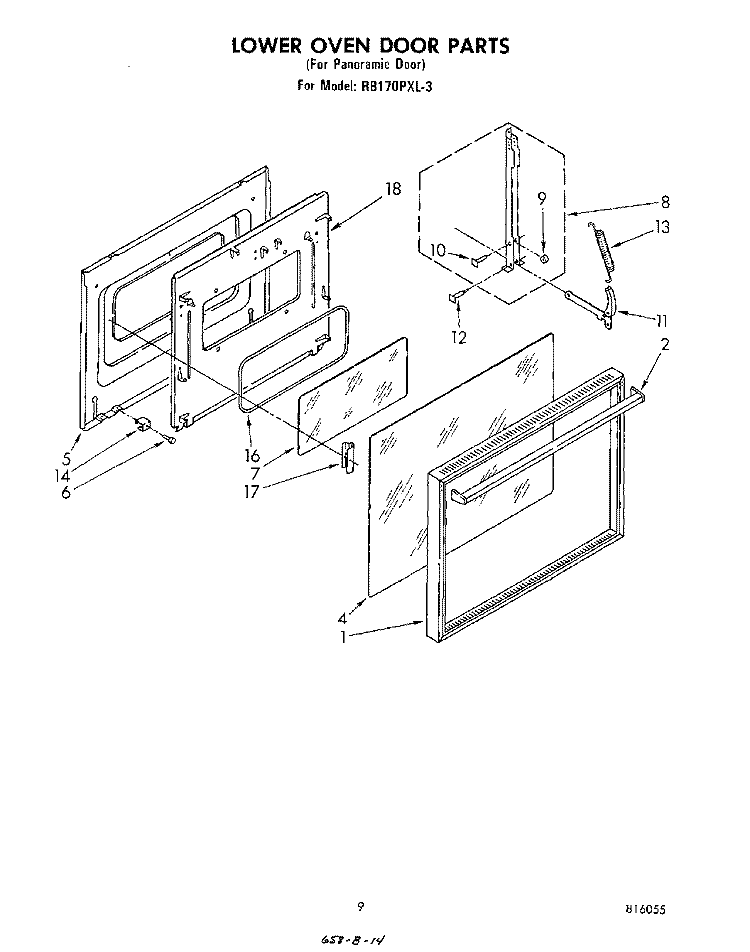 LOWER OVEN DOOR Diagram and Parts List for RB170PXL3  Whirlpool Wall Oven
