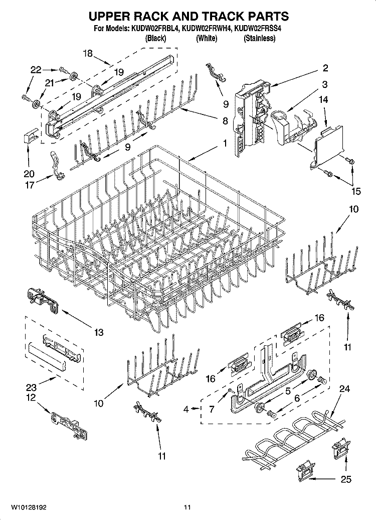 UPPER RACK AND TRACK PARTS Diagram and Parts List for KUDW02FRWH4  KitchenAid Dishwasher