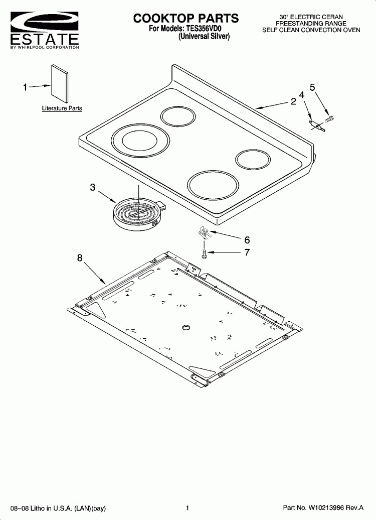 COOKTOP PARTS Diagram and Parts List for TES356VD0  Estate Range