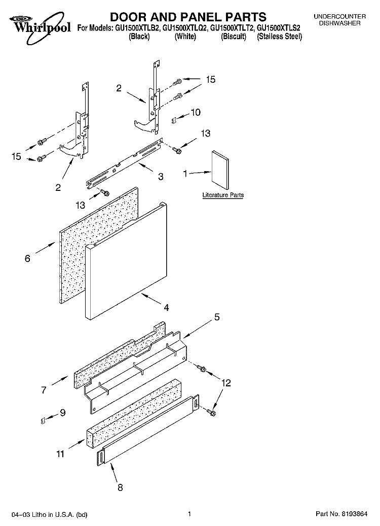 DOOR AND PANEL PARTS Diagram and Parts List for GU1500XTLQ2  Whirlpool Dishwasher