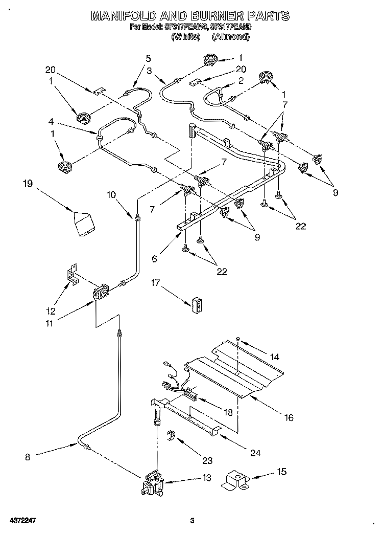 MANIFOLD AND BURNER, OPTIONAL Diagram and Parts List for SF317PEAW0  Whirlpool Range